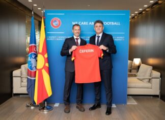 Претседателот на ФФМ Масар Омерагиќ на средба со првиот човек на УЕФА, Александар Чеферин